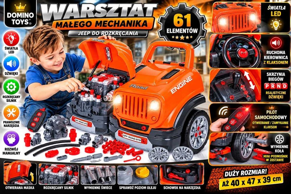 Warsztat małego mechanika Jeep silnik do rozkręcania 61 el. narzędzia LED