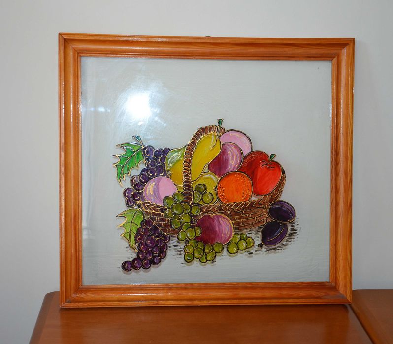 Obraz malowany na szkle owoce natura drewniana rama