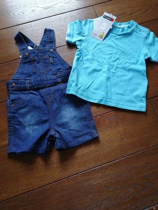 Nowy!Zestaw dla chłopca rozmiar 74.Spodenki ogrodniczki, t-shirt.