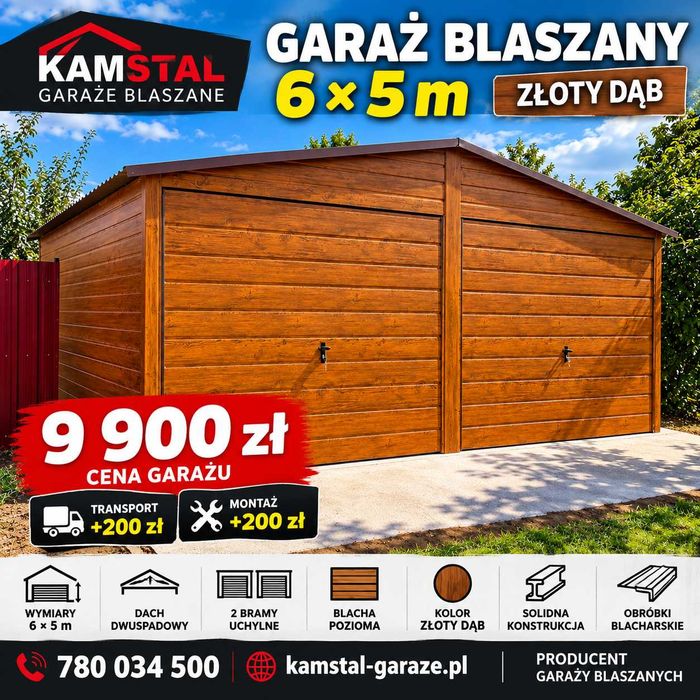GARAŻ BLASZANY 6×5 m – ZŁOTY DĄB Garaże blaszane blaszaki Wzmocnione Profil ocynkowany