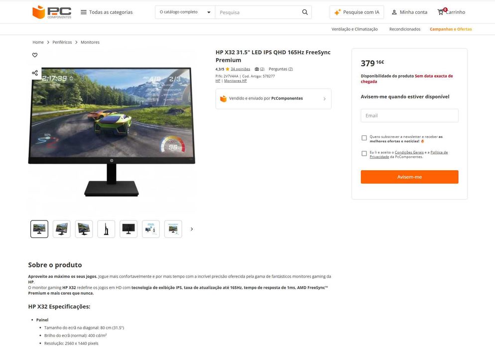 monitor gaming HP X32 - 32" QHD - IPS - 165HZ