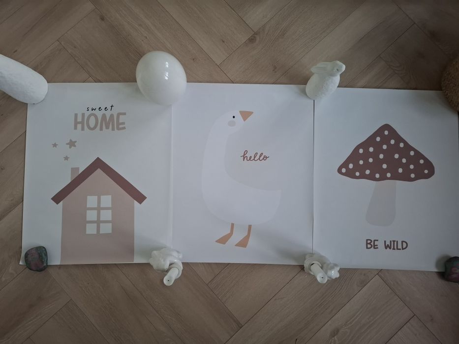 Obrazki do pokoju dziecka plakat 3szt 40x50 gęś grzyb dom scandi home