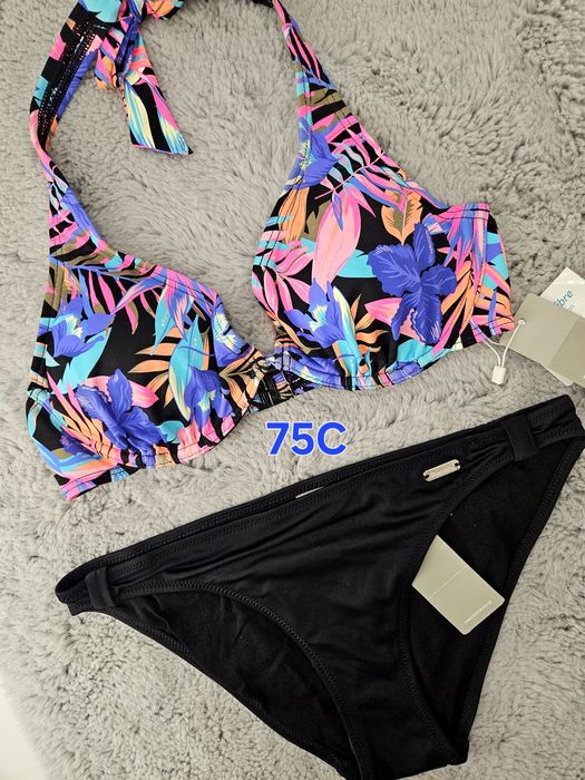 Strój kąpielowy dwuczęściowy bikini Bench 75C 38 czarny florale wielokolorowe kwiaty z fiszbiną usztywniające wkładki