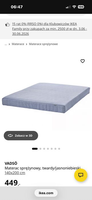 VADSÖ Ikea Materac sprężynowy 140x200 cm