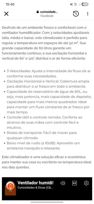 VENTILADOR DE AR ​​c/humidificador  e comando 200W 60 LITROS