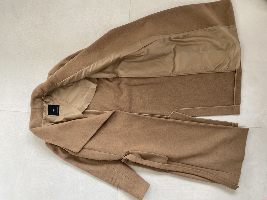 Mango XS plaszcz damski bezowy 71% welna