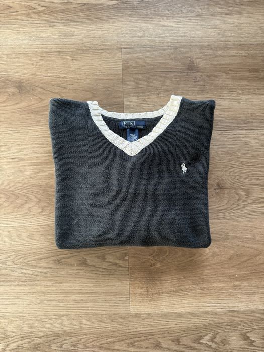 Ralph Lauren Sweater Retro Old Money V-Neck Embroidered Logo Black