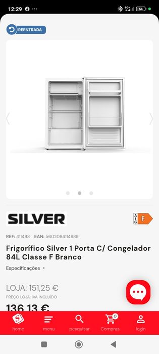 Frigorífico de 1 porta Silver