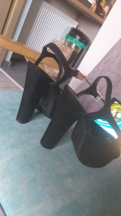 Sandaly  sandałki koturny zamszowe czarne sexy  35