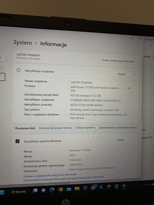 Laptop HP 15s Ryzen 7-5700U/16GB/512GB SSD/Win11