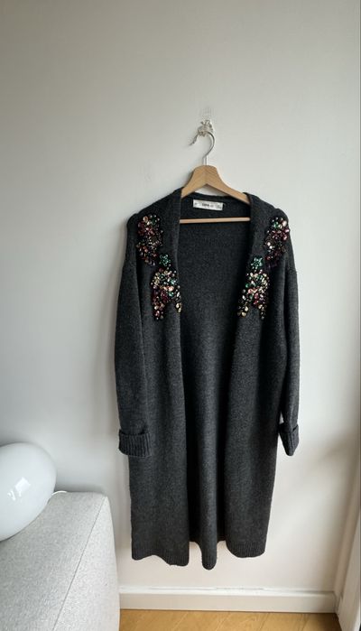 Zara Knit szary kardigan maxi długi L 40 sweter zimowy wełniany