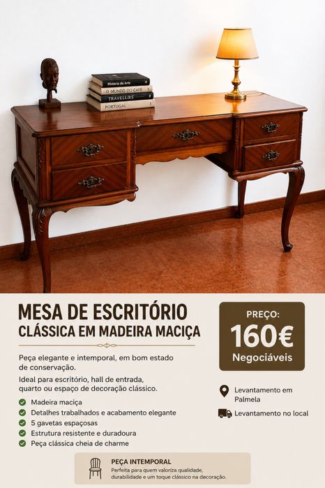 Mesa de escritório clássica madeira maciça
