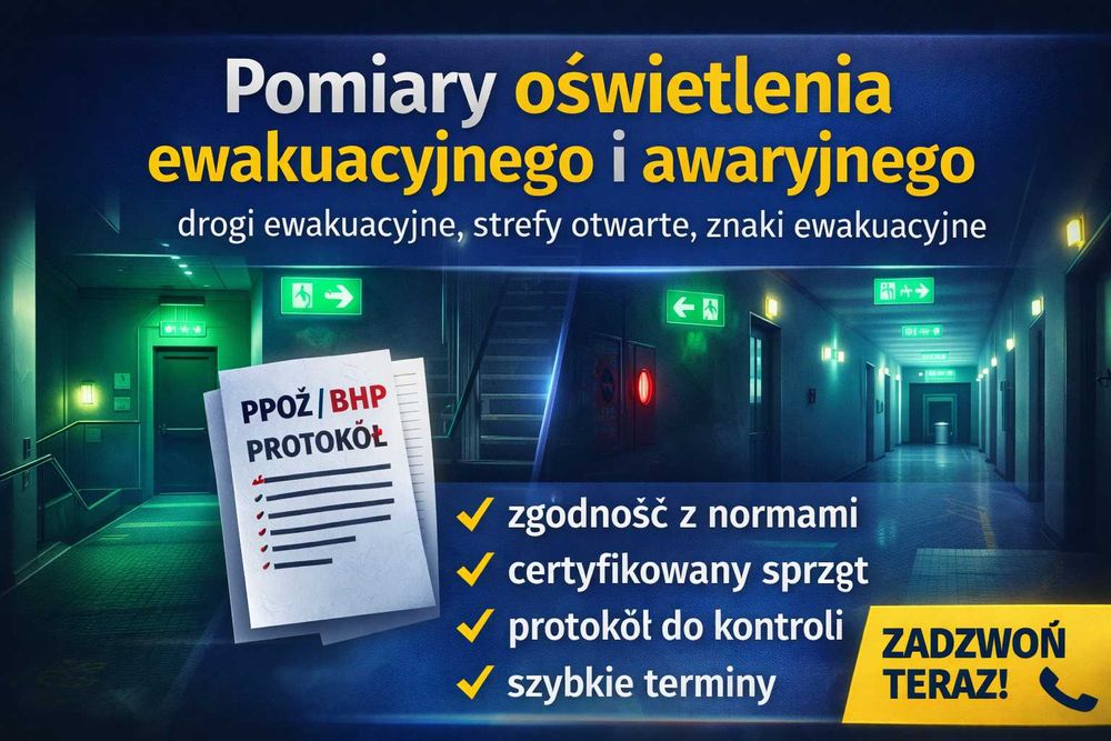 Pomiary oświetlenia ewakuacyjnego i awaryjnego przeglądy, protokoły