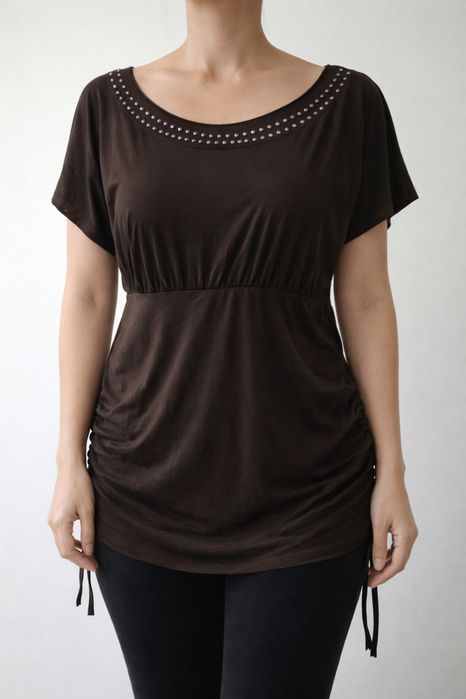 Túnica / Blusa comprida castanha – Manga morcego e franzidos com tachas Y2K - Tamanho XL