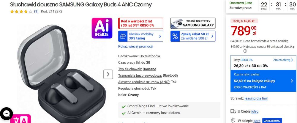 Słuchawki douszne SAMSUNG Galaxy Buds 4 ANC Czarny