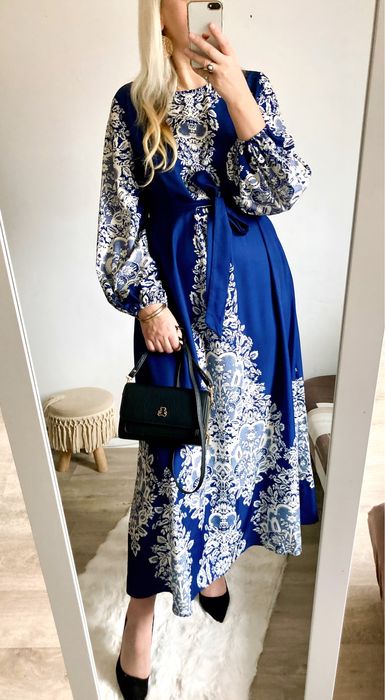 Sukienka Damska w kwiaty z paskiem elegancka L