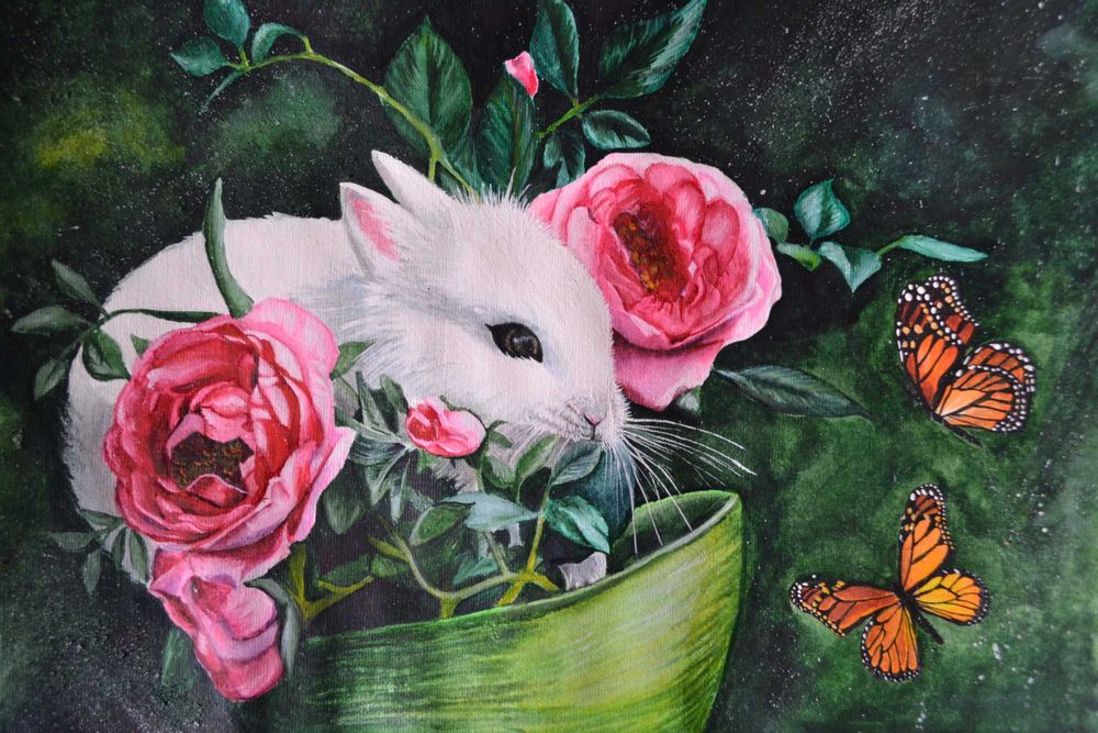 Картина акварель, милий кролик з трояндами