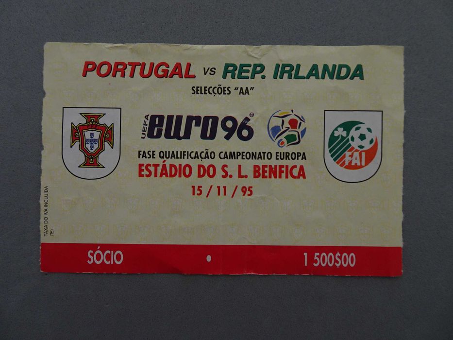 Bilhete futebol Portugal República Irlanda Euro 96 15 novembro 1995