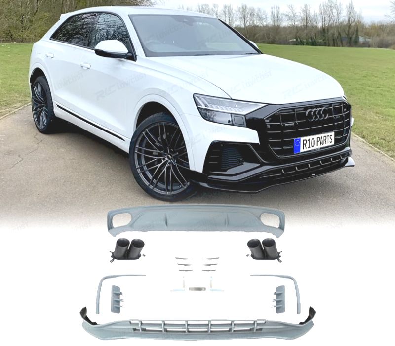 KIT CARROÇARIA AUDI Q8 18- LOOK ABT RSQ8 DIFUSOR + LIP FRONTAL + PONTEIRAS DE ESCAPE