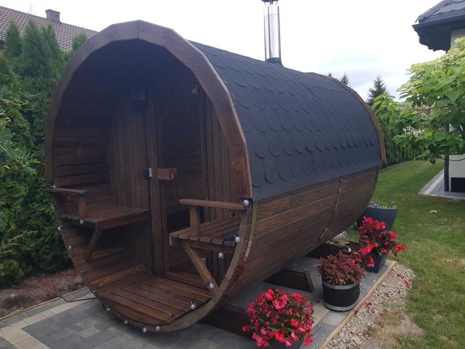 Sauna ogrodowa drewniana z tarasem beczka piec drewno 2,5m szyba 50%