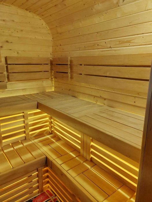 SAUNA Ogrodowa Beczka 2m Gotowa, Bez montażu (235x200 cm) + Piec + LED