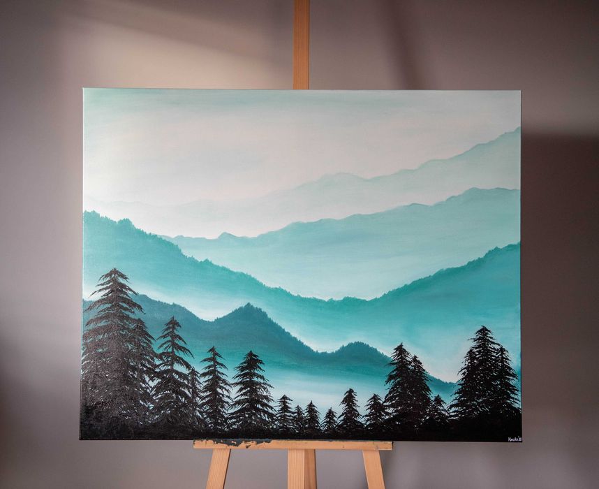 Obraz ręcznie malowany duży. akryl. 100x80 las mgła góry malarstwo