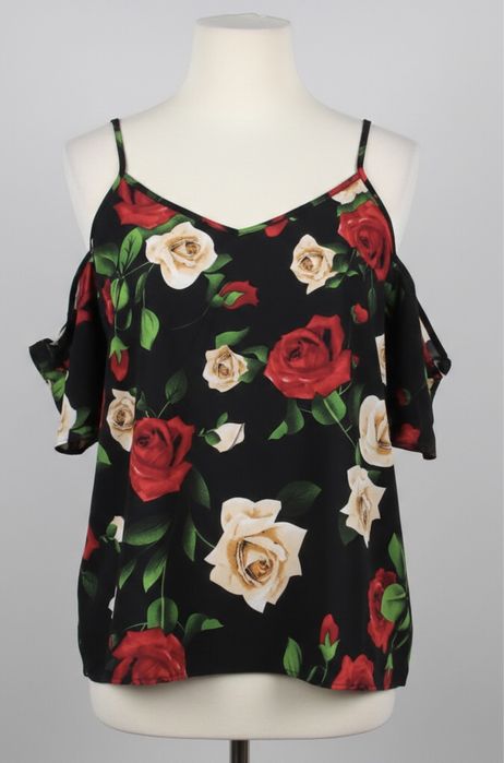 Bluzka SHEIN CURVE 2XL – Czarna w róże (Cold Shoulder)
