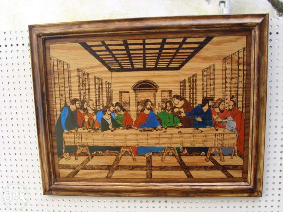 Quadro ceia de Cristo em pirógravura e pintura acrílica
