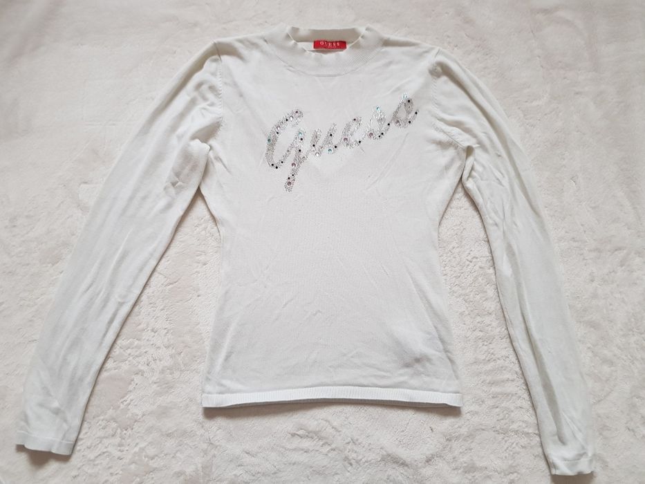 Sweter guess S kremowy biały z dżetami odkryte plecy dzianowy