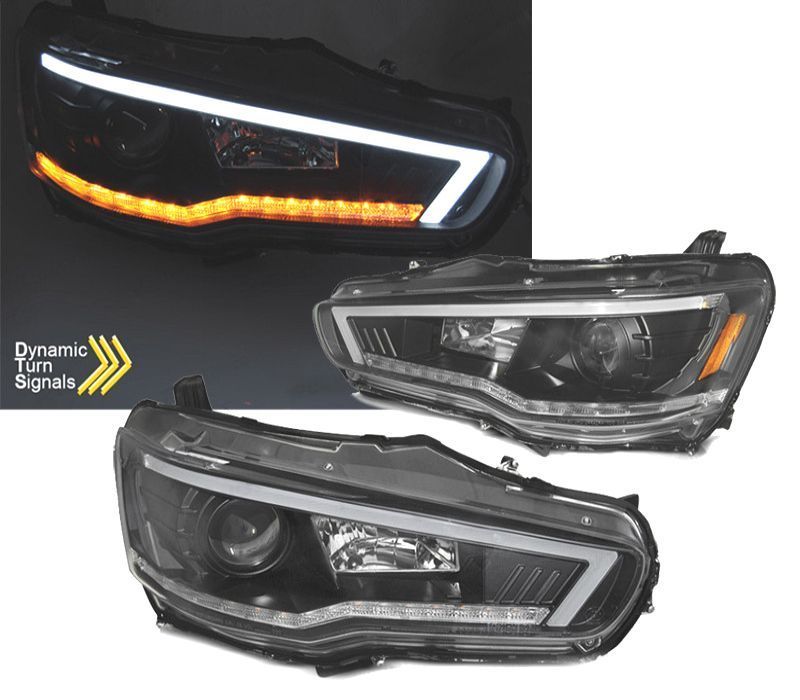 FARÓIS LED TUBE LIGHT DINAMICO MITSUBISHI LANCER VIII 08-16 FUNDO PRETO
