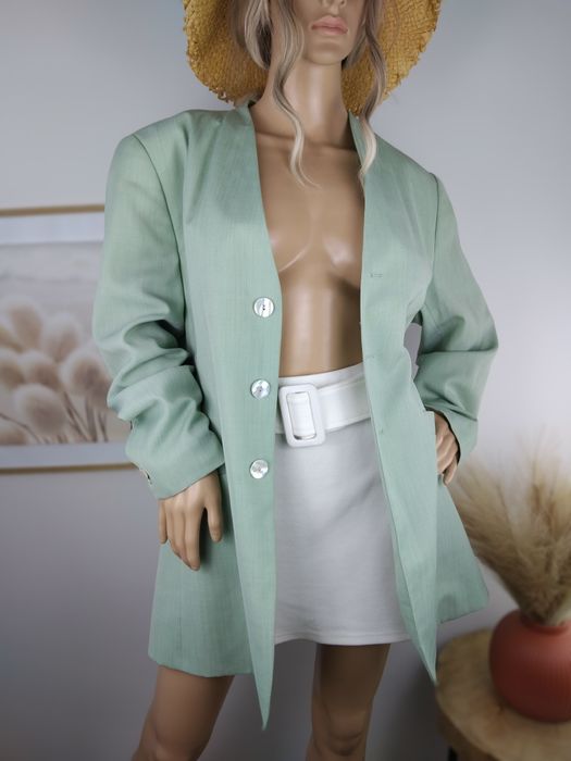 Wełniana marynarka pastelowa żakiet narzutka płaszczyk elegancki L 40