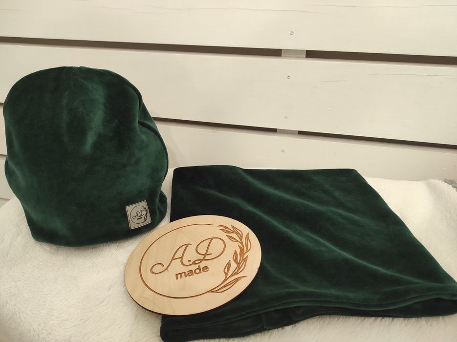 Komplet damski czapka komin welurowy butelkowa zieleń