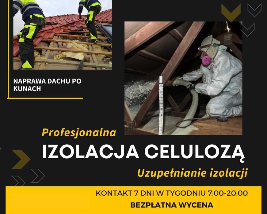 Ocieplenie Celulozą, Naprawa Dachu po Kunie, Wdmuchiwanie Celulozy