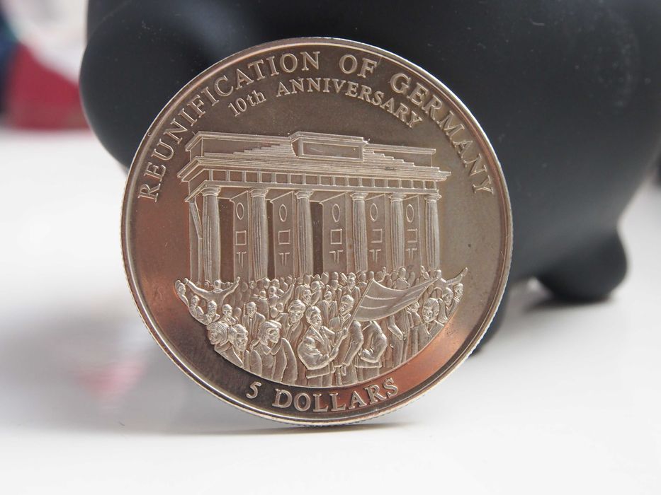 Moneta Liberia 5 dolarów, 2000 10. rocznica zjednoczenia Niemiec