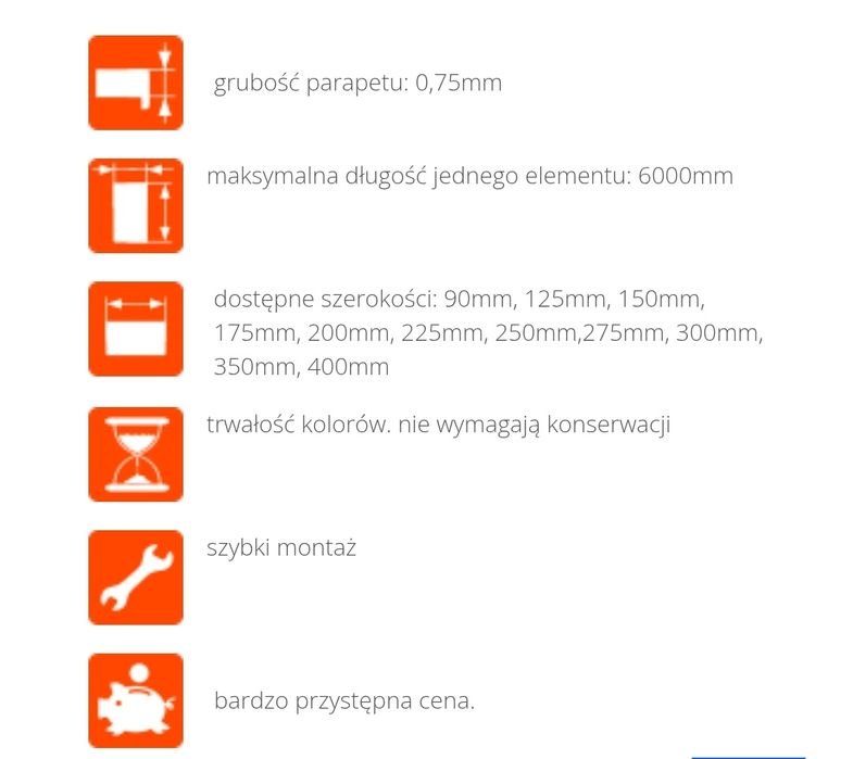 Parapety zewnetrzne stalowe w kolorach gr. 0.7mm CIĘCIE NA WYMIAR