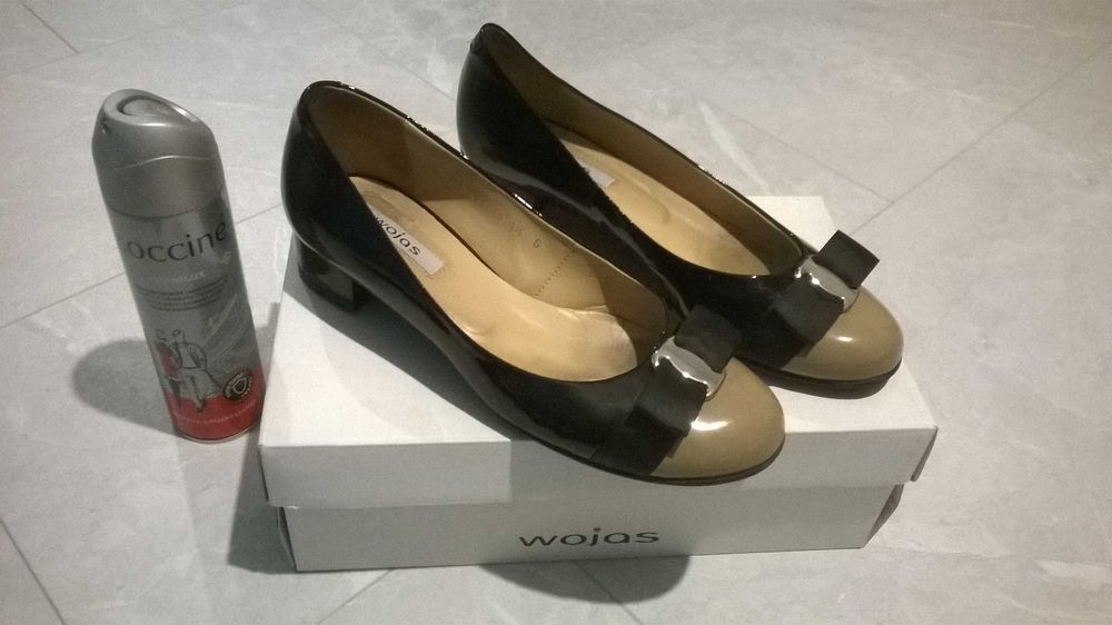 Czarno-beżowe baleriny WOJAS skóra lakierowana