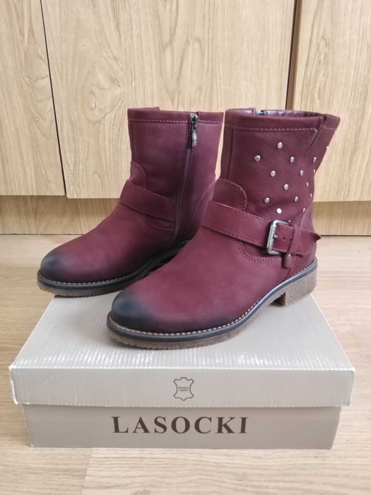 LASOCKI NOWE bordowe botki kozaki zimowe ćwieki skóra skórzane 36 23cm
