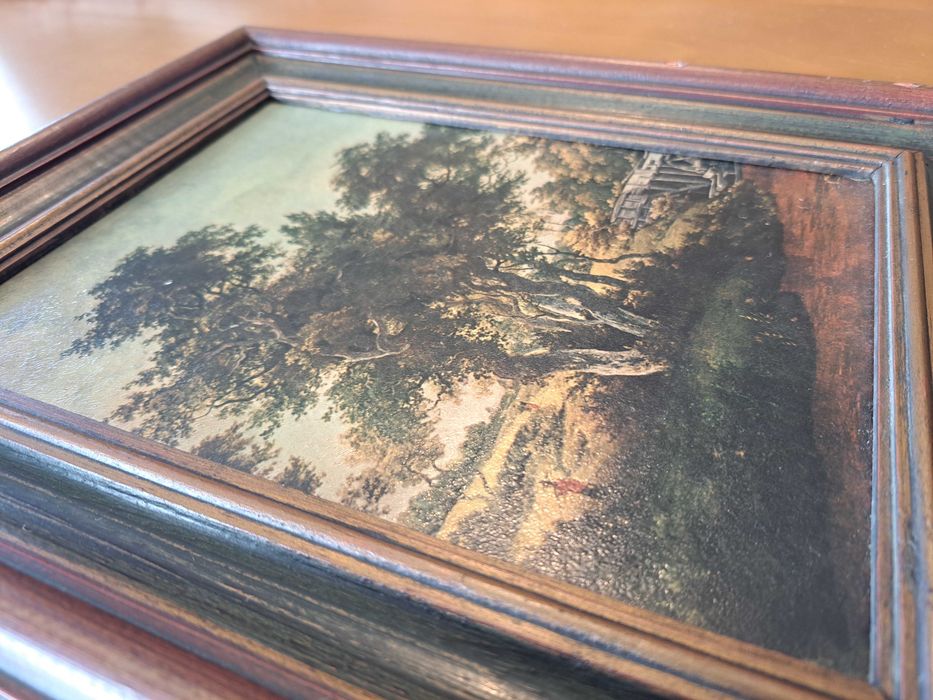 Quadro antigo com árvore, pintado a óleo e emoldurado