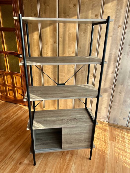 półka regał loftowy dąb metalowy czarny wysoki 4 półki drzwi przesuwne