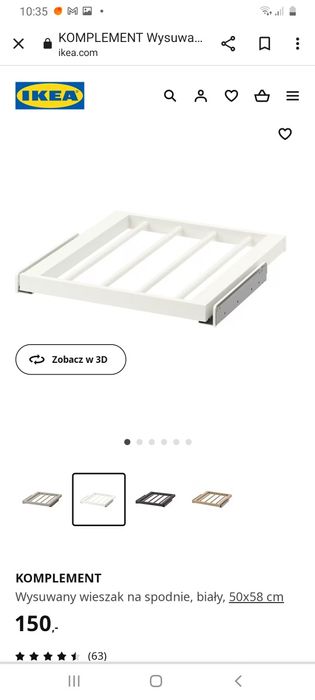 Wysuwany wieszak na spodnie biały KOMPLEMENT Pax Ikea