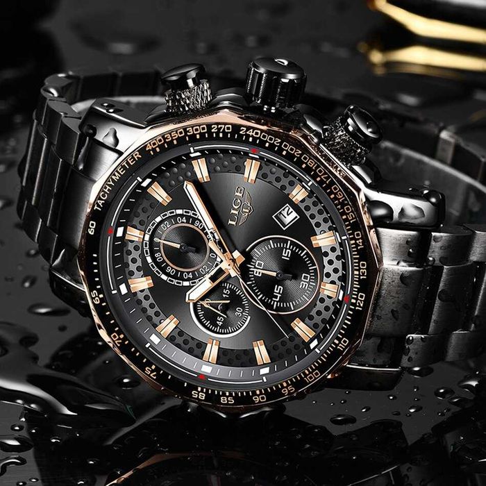 Relógio Luxo Masculino LIGE bracelete metal preto (Novo)