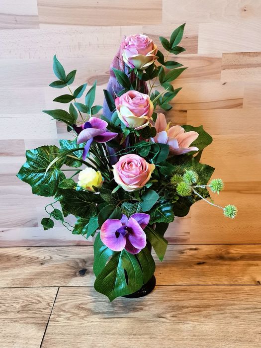 Zestaw nagrobny sztuczne kwiaty fiolet lila róż brudny pastelowy