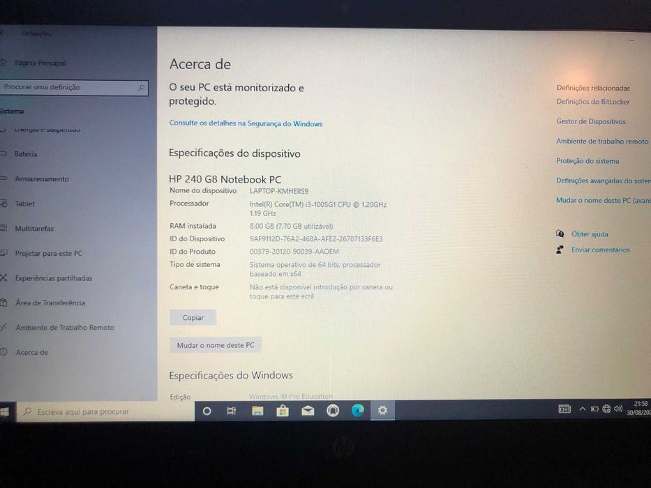 Portátil HP G8 15.6'' - Intel Core i3-1005G1 - RAM: 8 GB - 256 GB SSD