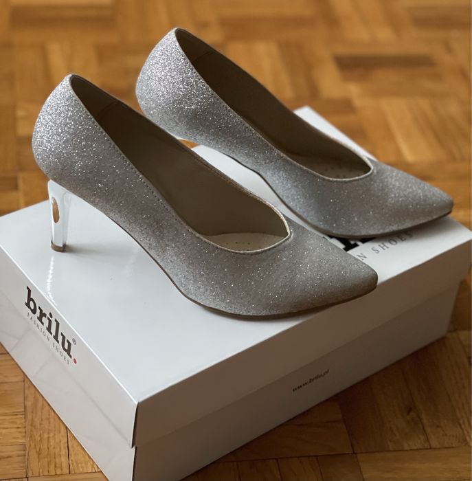 Szpilki Brilu Brokatowe 38 7,5 cm Ślubne Ślub Wesele