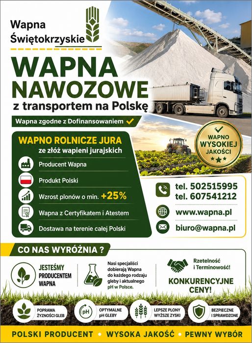 DOTACJE DO WAPNA 2026 ! Wapno nawozowe, Węglanowe  Tlenkowe, Węglanowe,Kreda-hurt ceny !