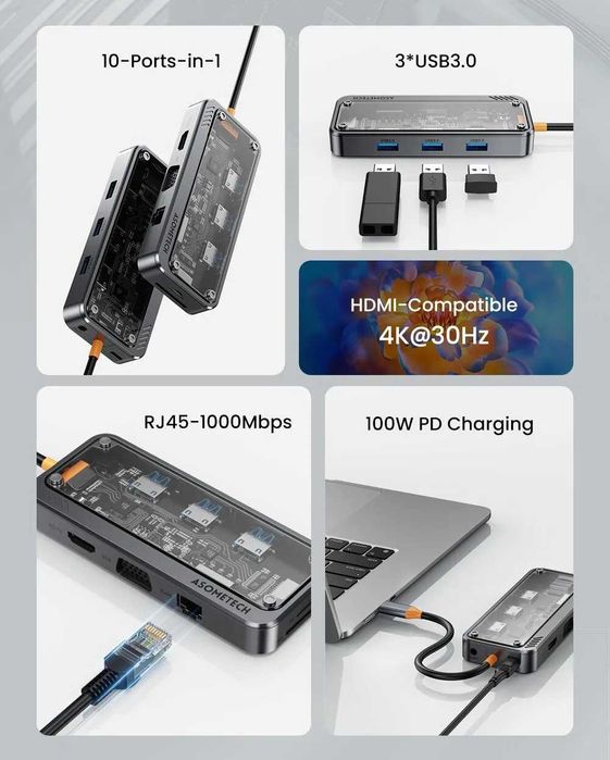 Asometech HUB USB C PD100W 4K 5G USB 3.0 10 in 1 Bielsko-Biała • OLX.pl
