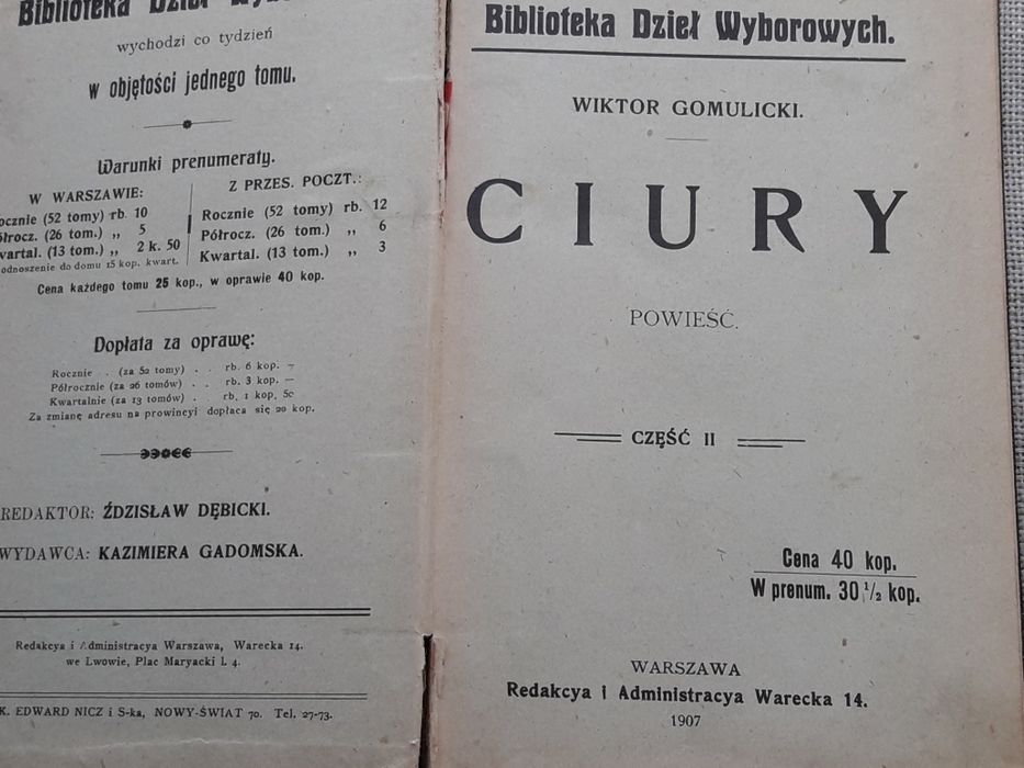"CIURY" tom 1 + 2 Wiktor Gomulicki 1907 Warszawa Biblioteka Dzieł Wyb.