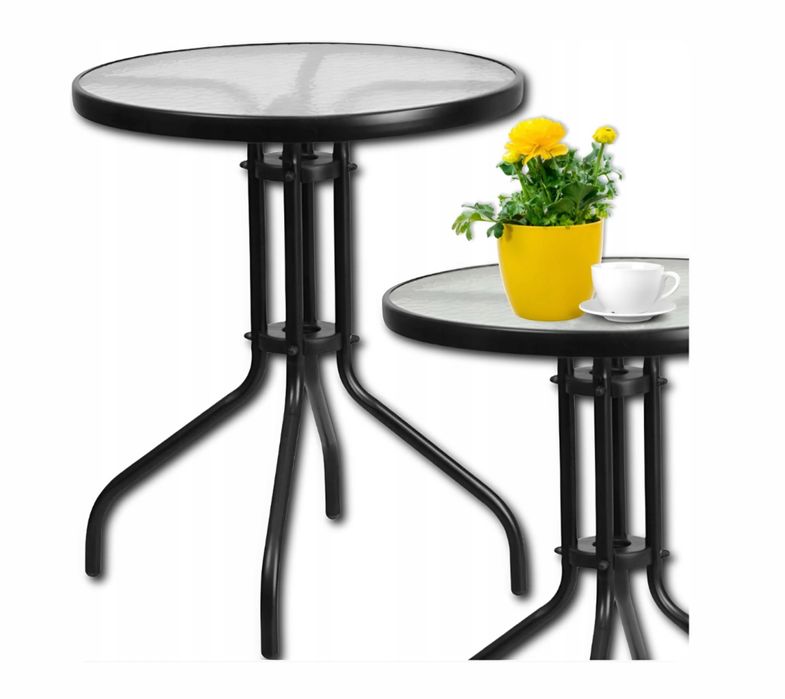 Stół Stolik Ogrodowy Kawowy Okrągły Szklany Metalowy Balkon Taras 60cm