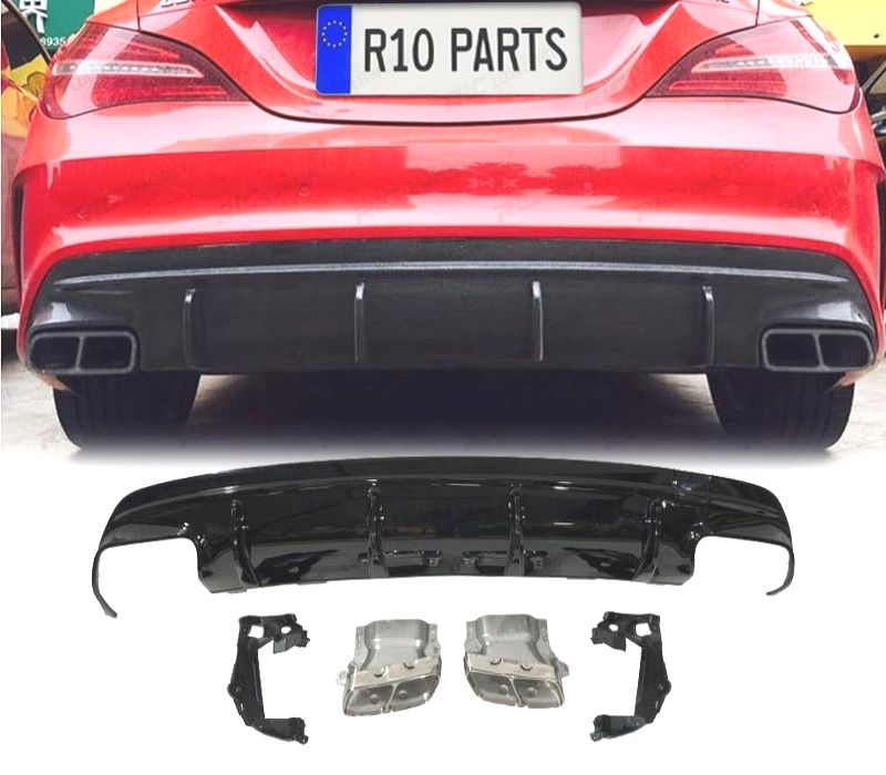 DIFUSOR TRASEIRO MERCEDES CLA W117 13-15 LOOK CLA45 PRETO BRILHANTE + SAÍDAS DE ESCAPE