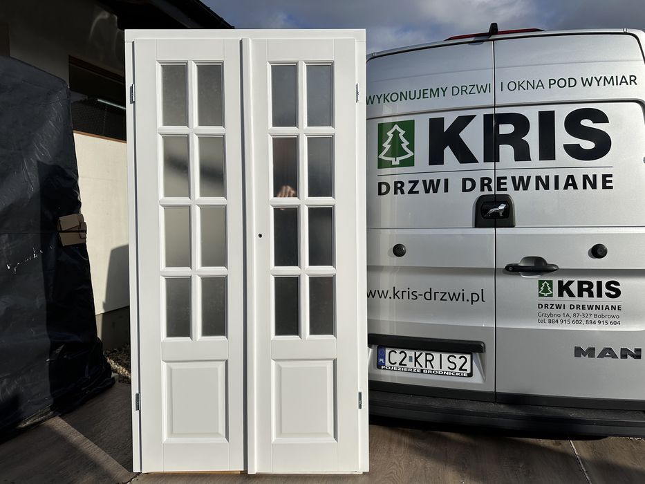 Drzwi dwuskrzydłowe drewniane Białe ze szprosem Na Każdy wymiar